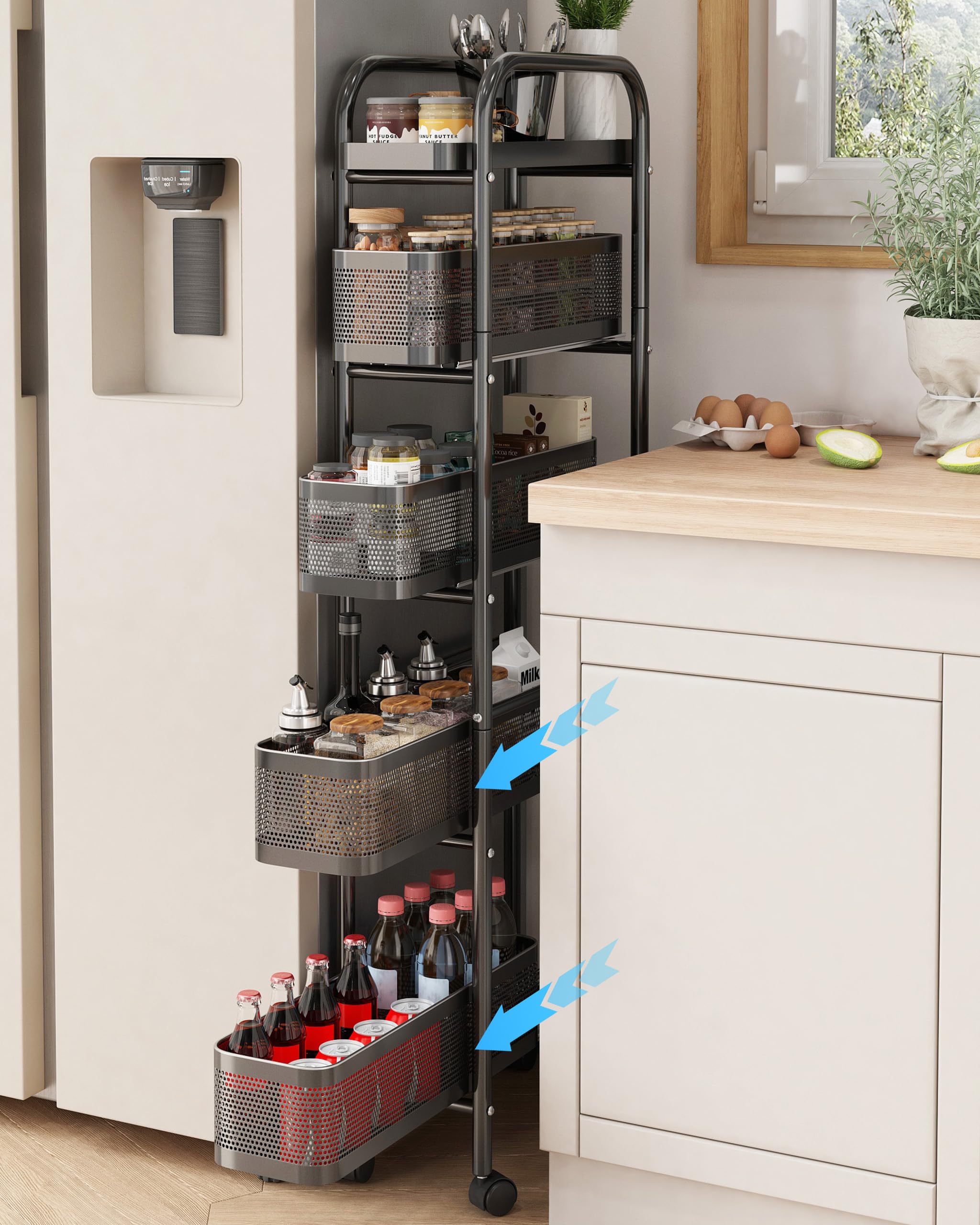 4-Tier Slim Rolling Cart with Pull Out Baskets White