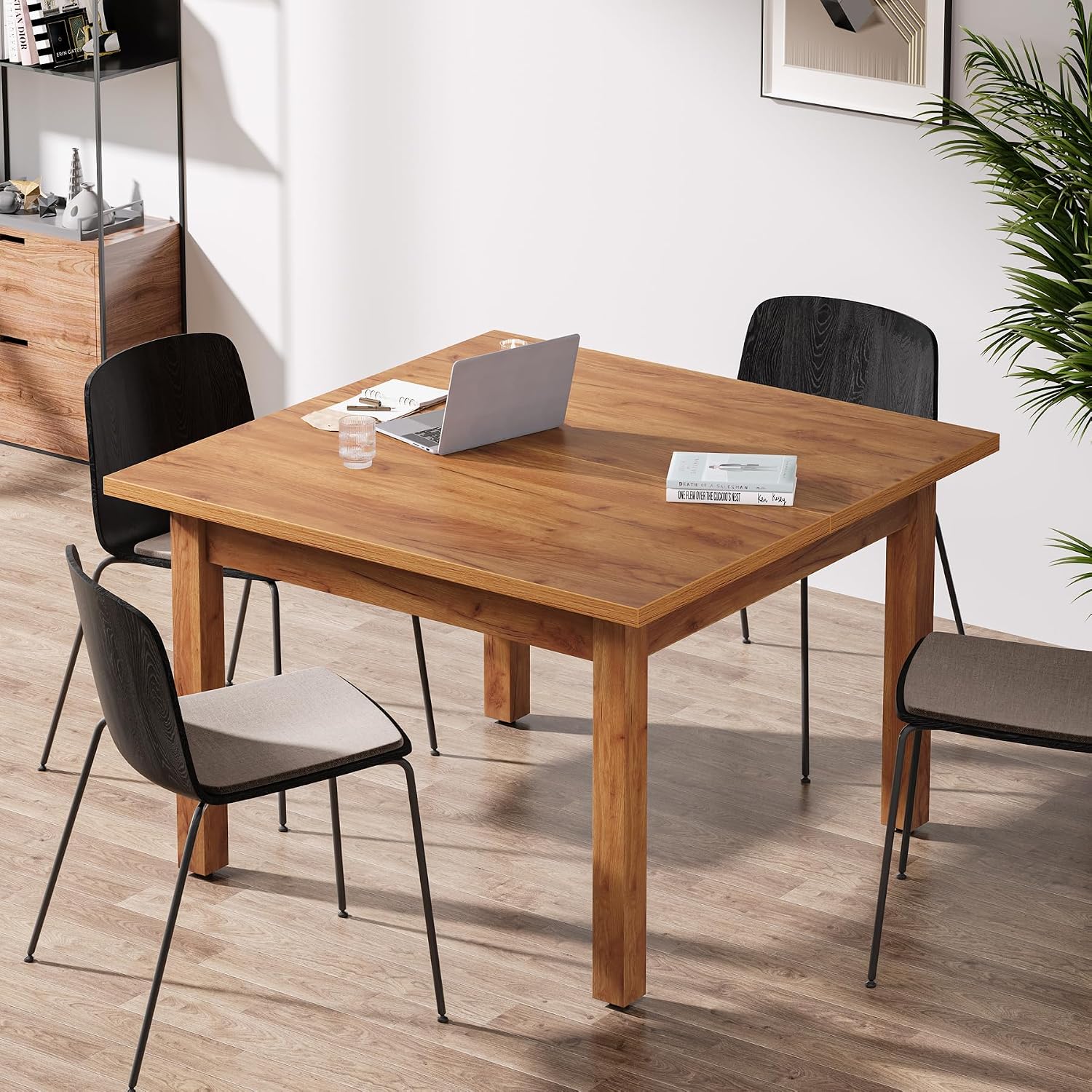 Oak Brown Square Conference Table Wood Legs Seats 4