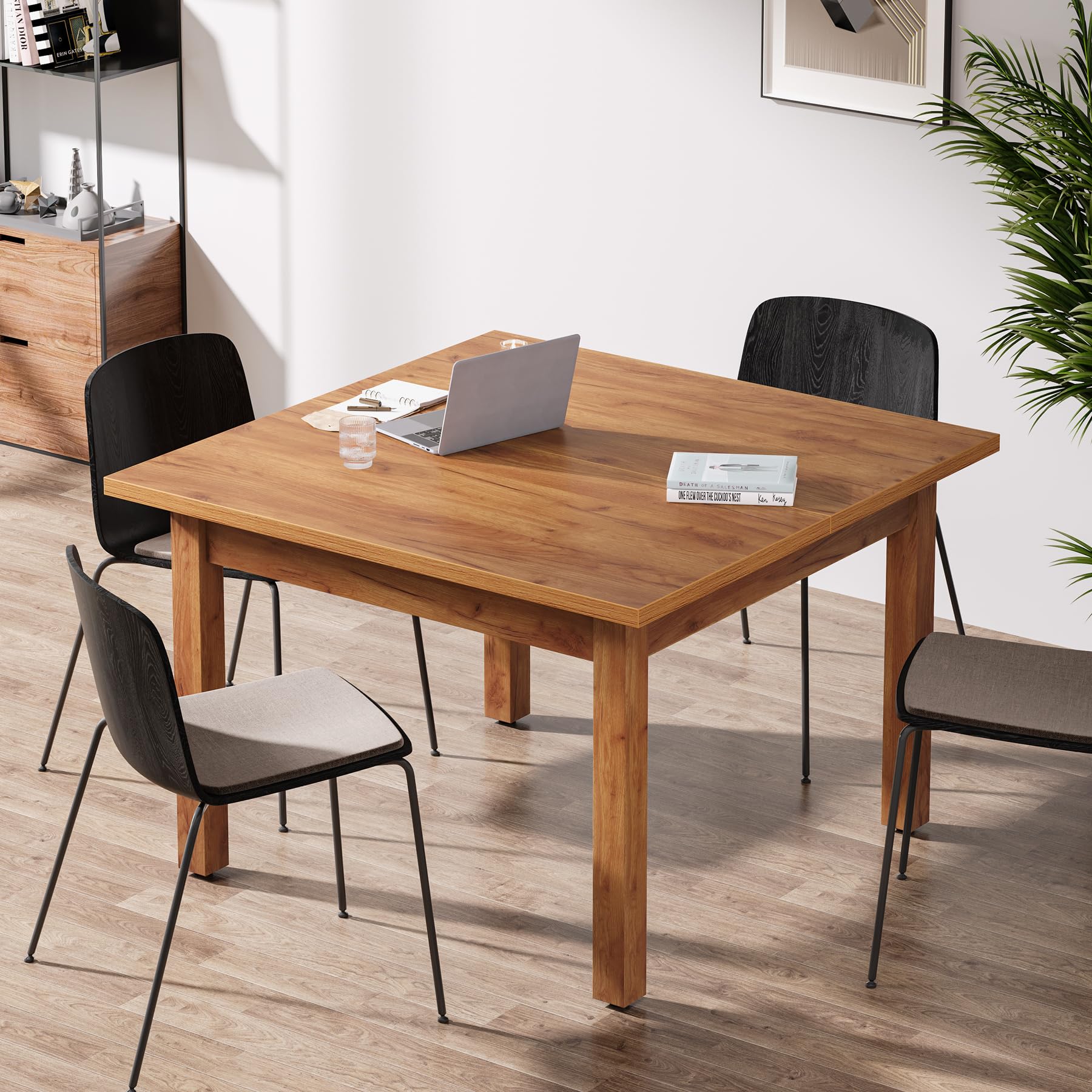Oak Brown Square Conference Table Wood Legs Seats 4