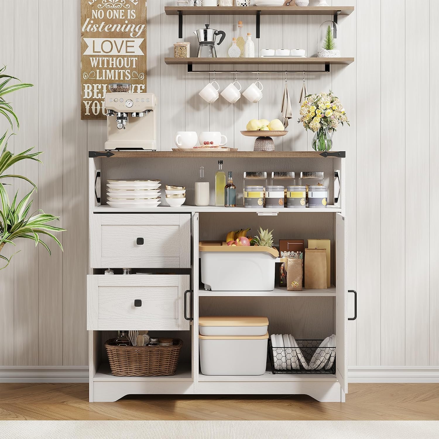 Farmhouse White Sideboard Drawers Open Storage Shelves