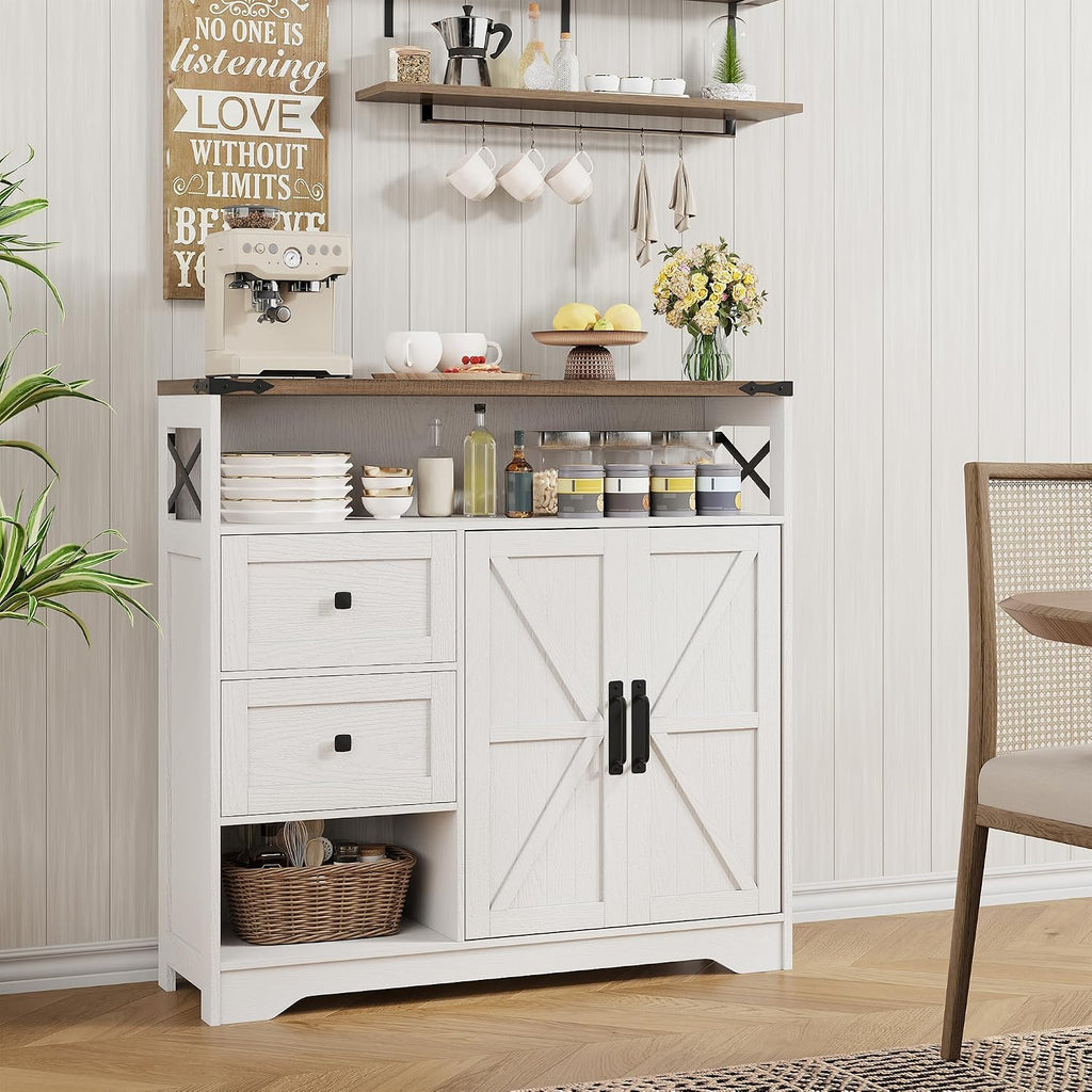Farmhouse White Sideboard Drawers Open Storage Shelves
