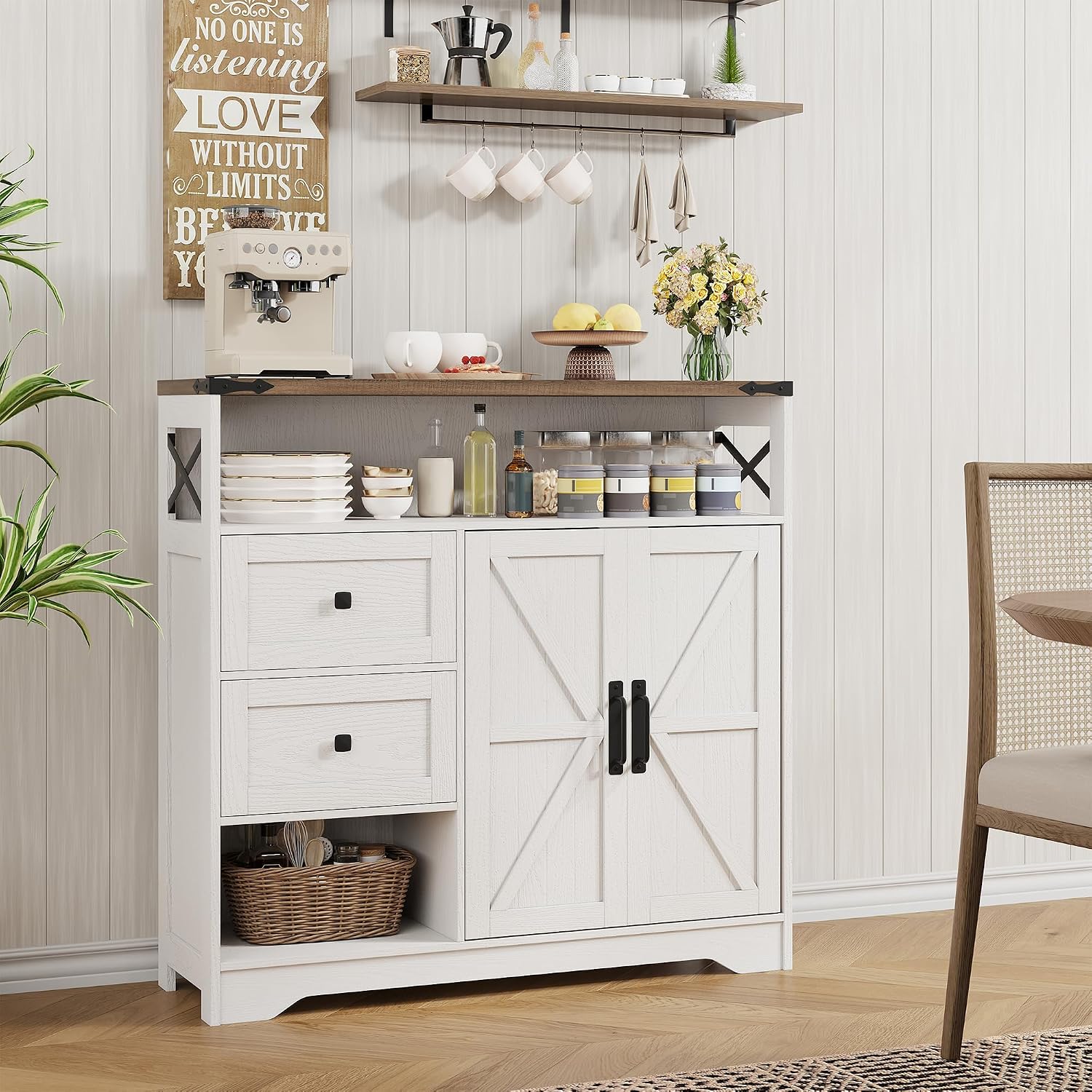 Farmhouse White Sideboard Drawers Open Storage Shelves