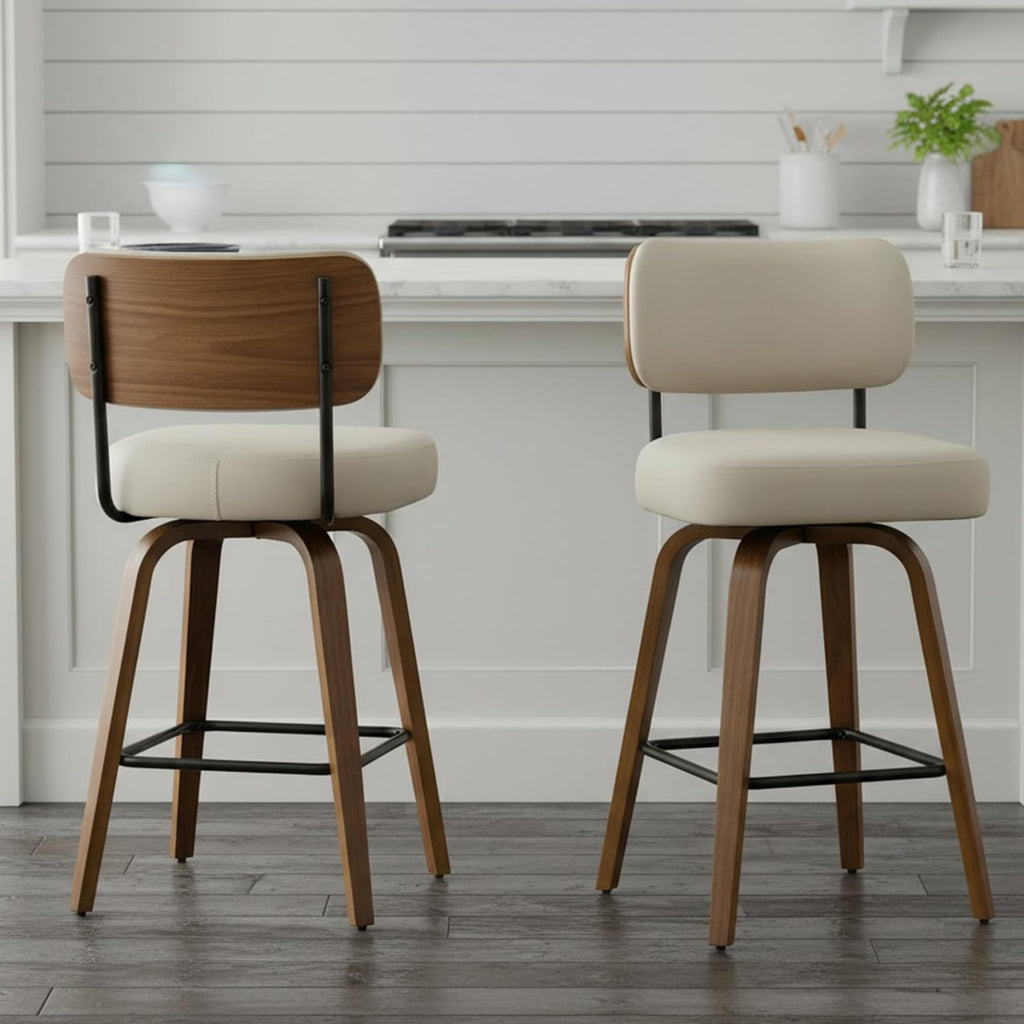 Beige Gray Swivel Bar Stools Walnut Legs Set 4
