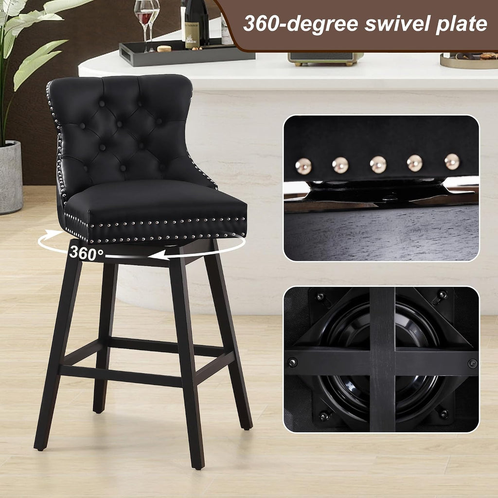 Black Tufted Swivel Bar Stools Wood Legs Set 2