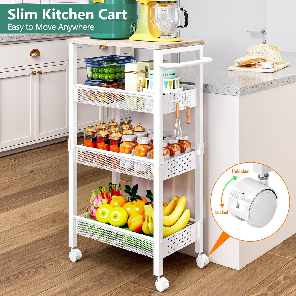4-Tier Wood Top Slim Rolling Cart Handle White