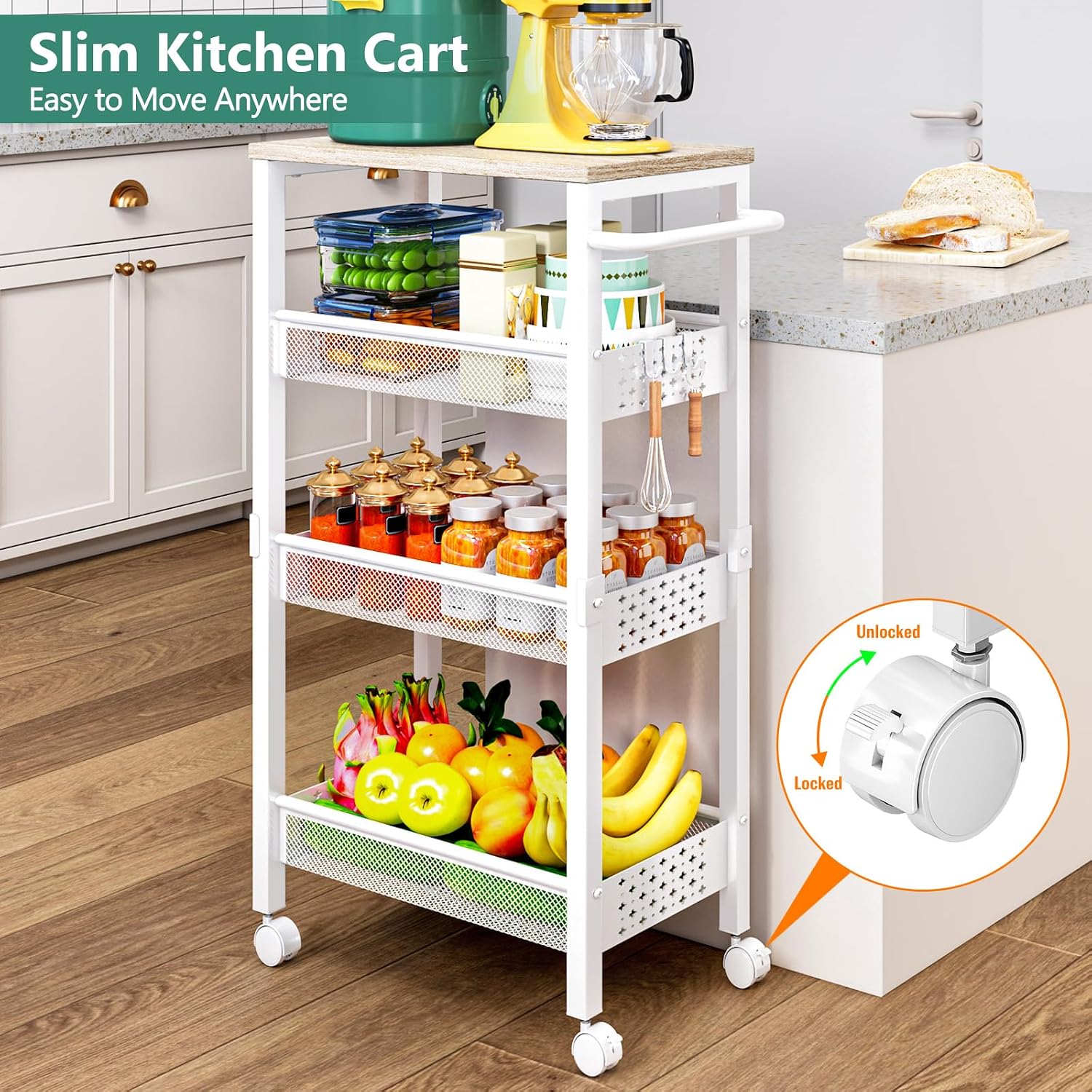 4-Tier Wood Top Slim Rolling Cart Handle White