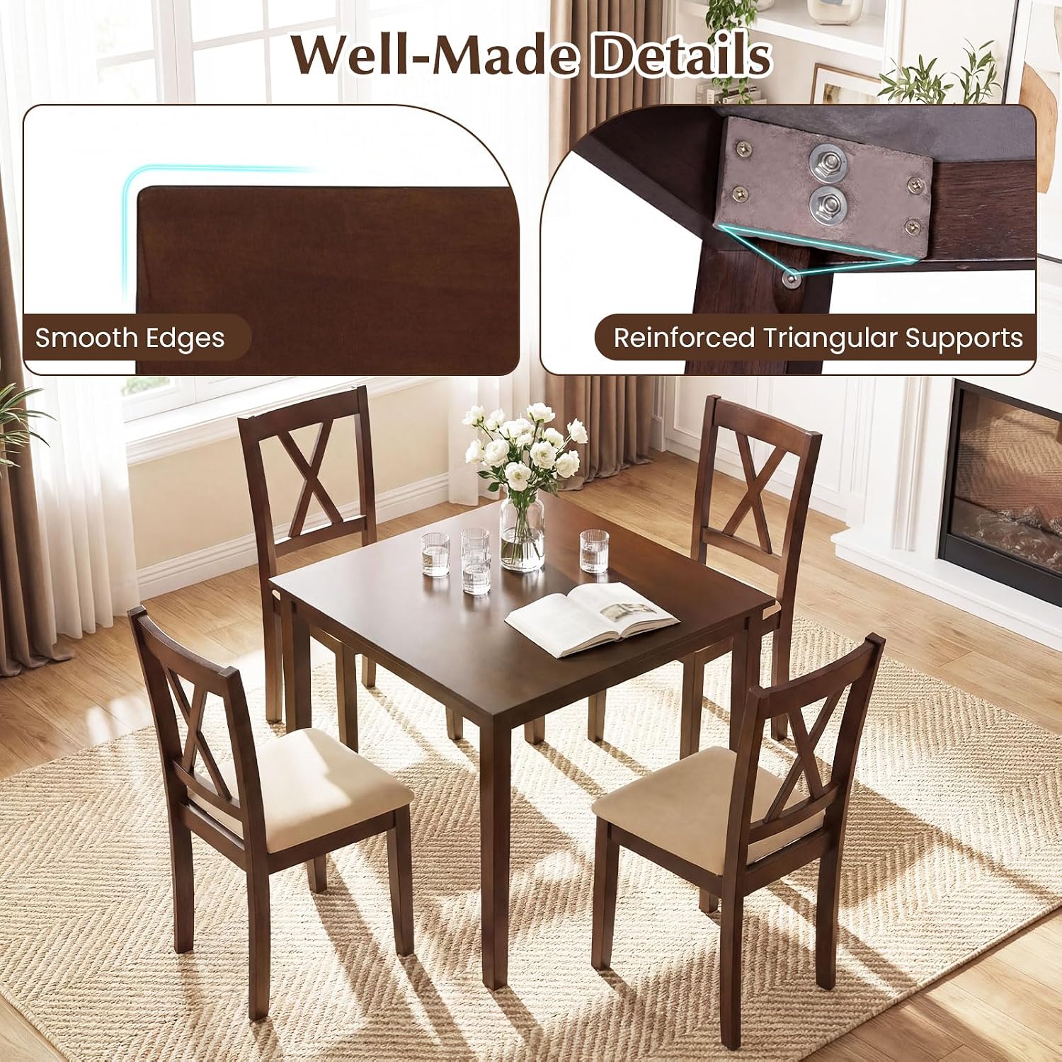 Walnut Wood Square Dining Table Rubber Legs Seats 4