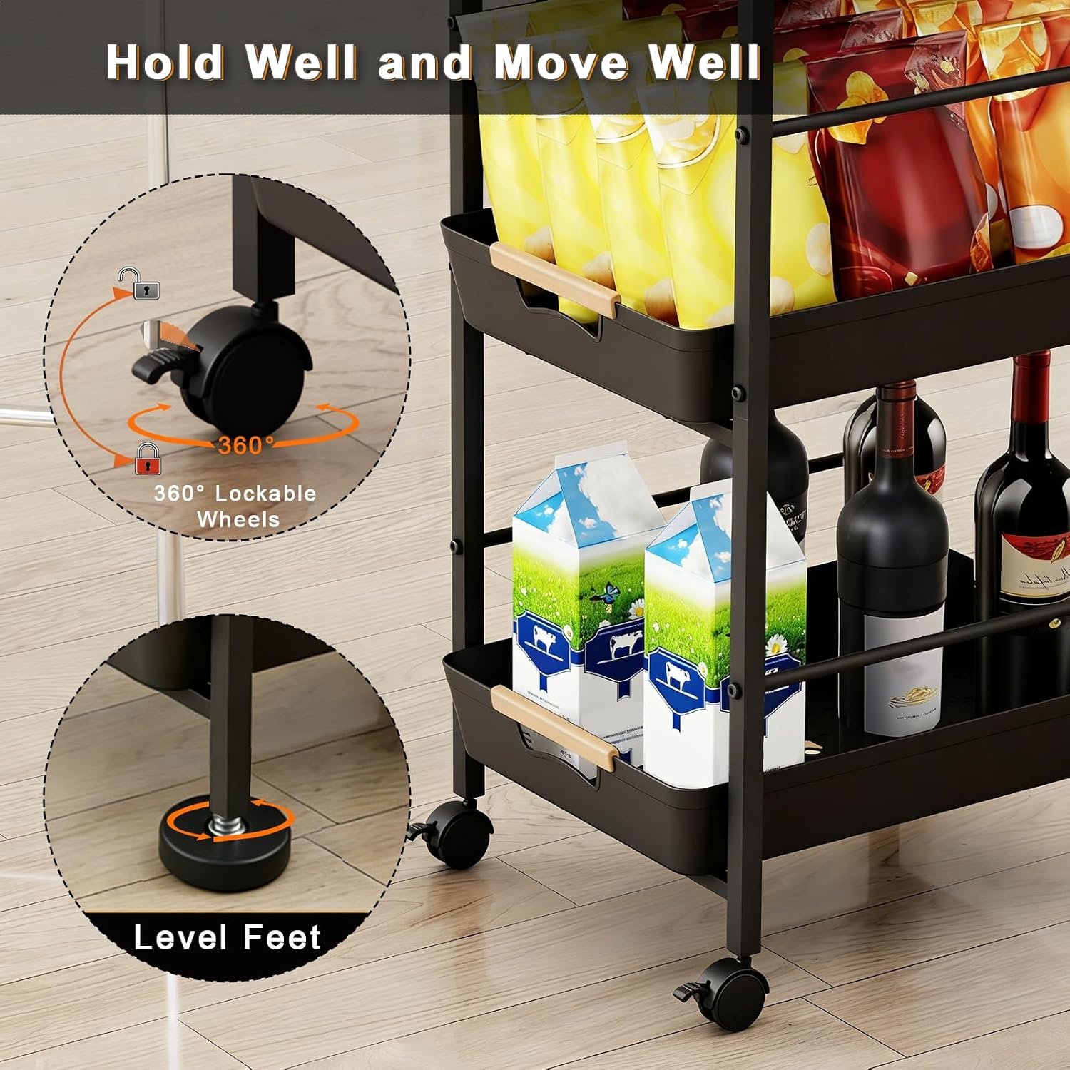 6-Tier Wood Top Cart Pull Out Baskets Black