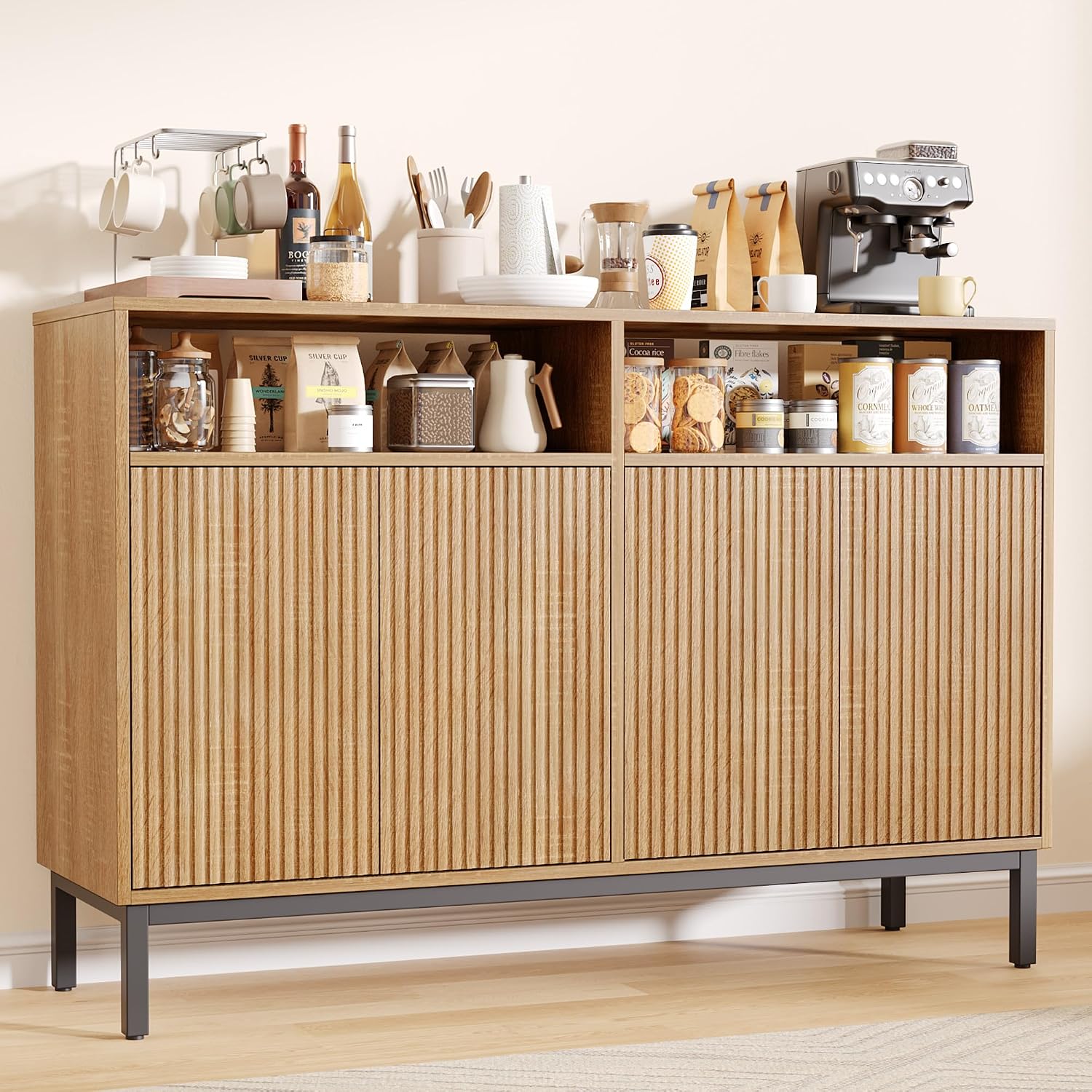 Fluted Sideboard Four Doors Open Storage Shelves