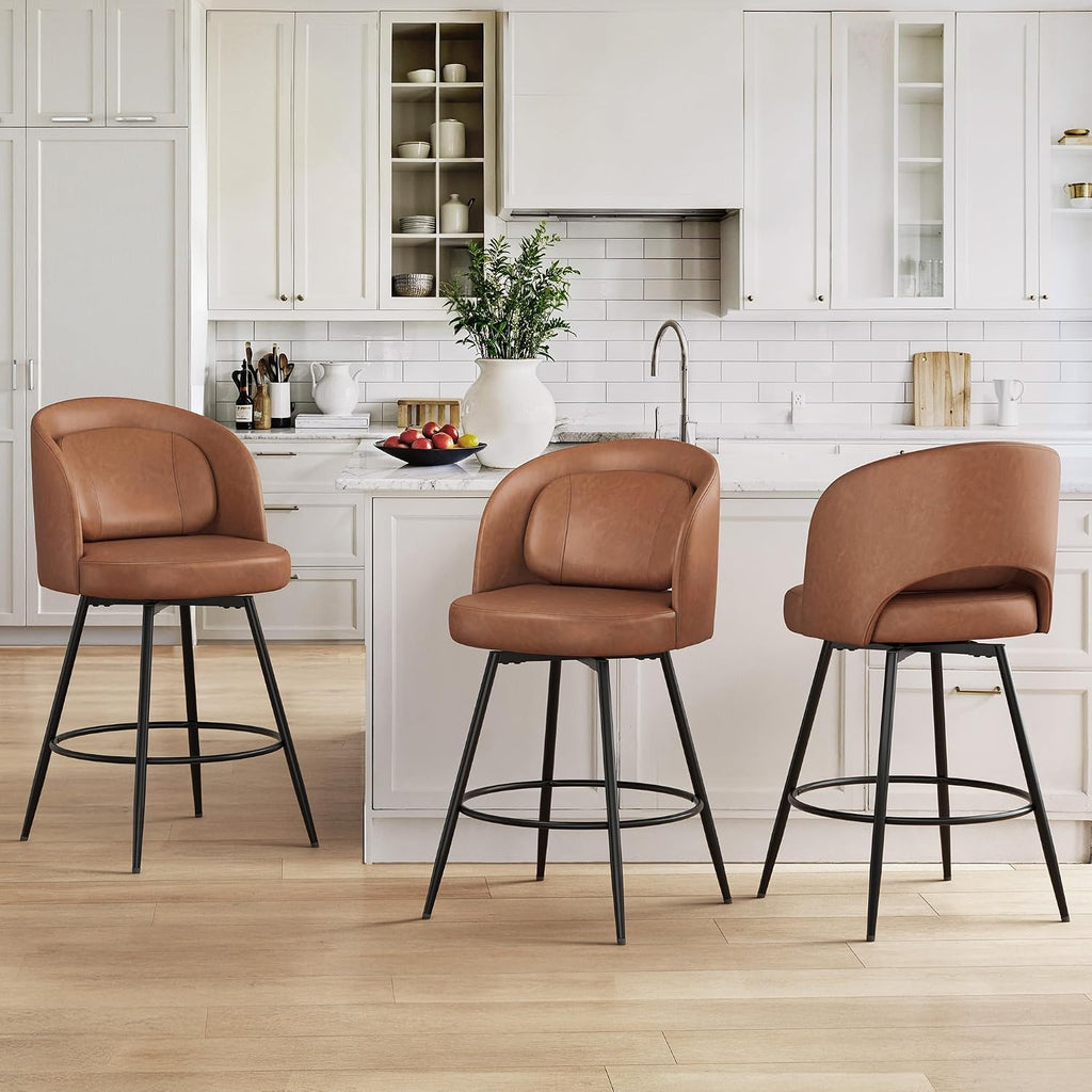 Brown Swivel Bar Stools Metal Frames Lumbar Pillow Set 3