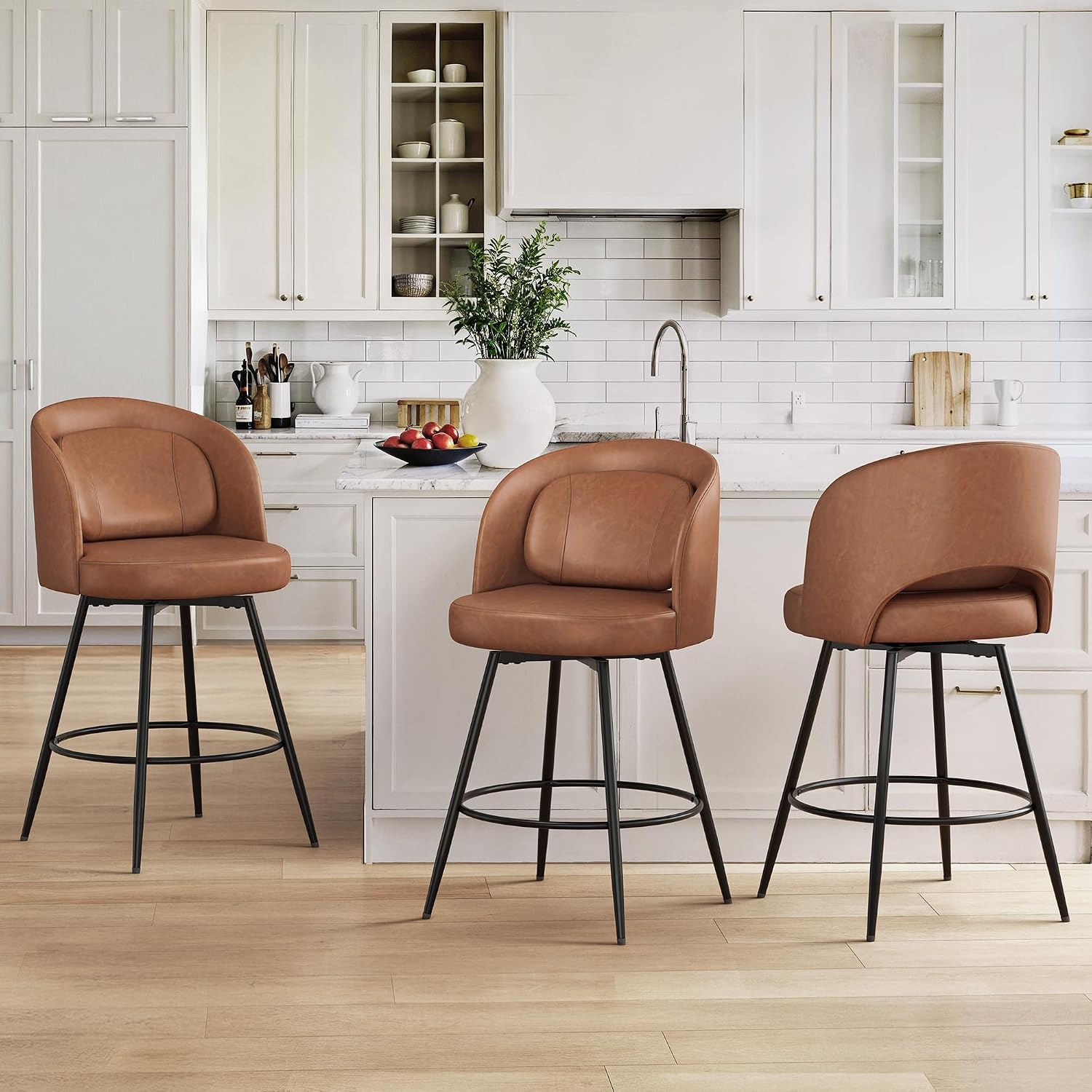 Brown Swivel Bar Stools Metal Frames Lumbar Pillow Set 3