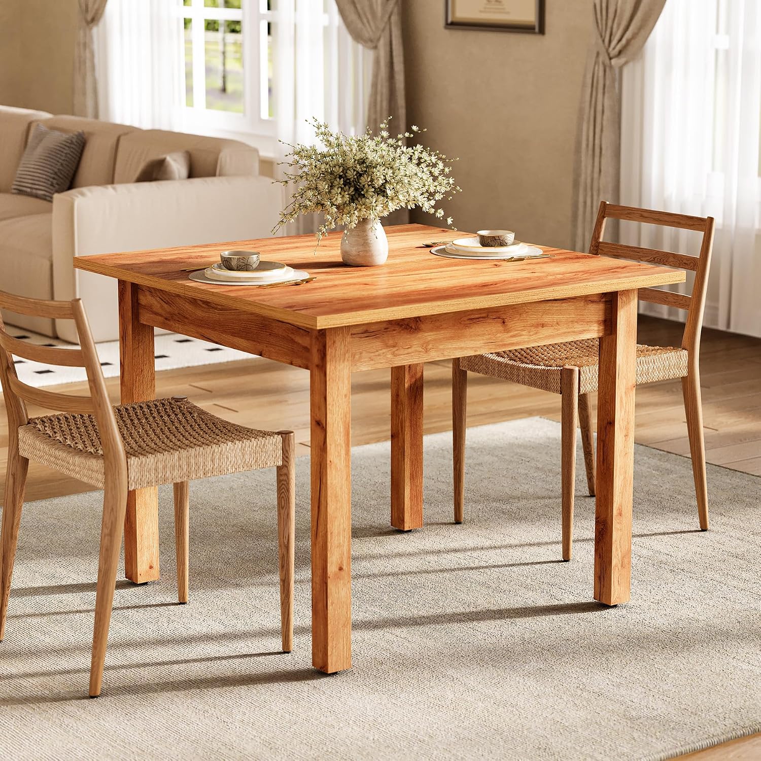 Oak Brown Square Dining Table Seats Four People