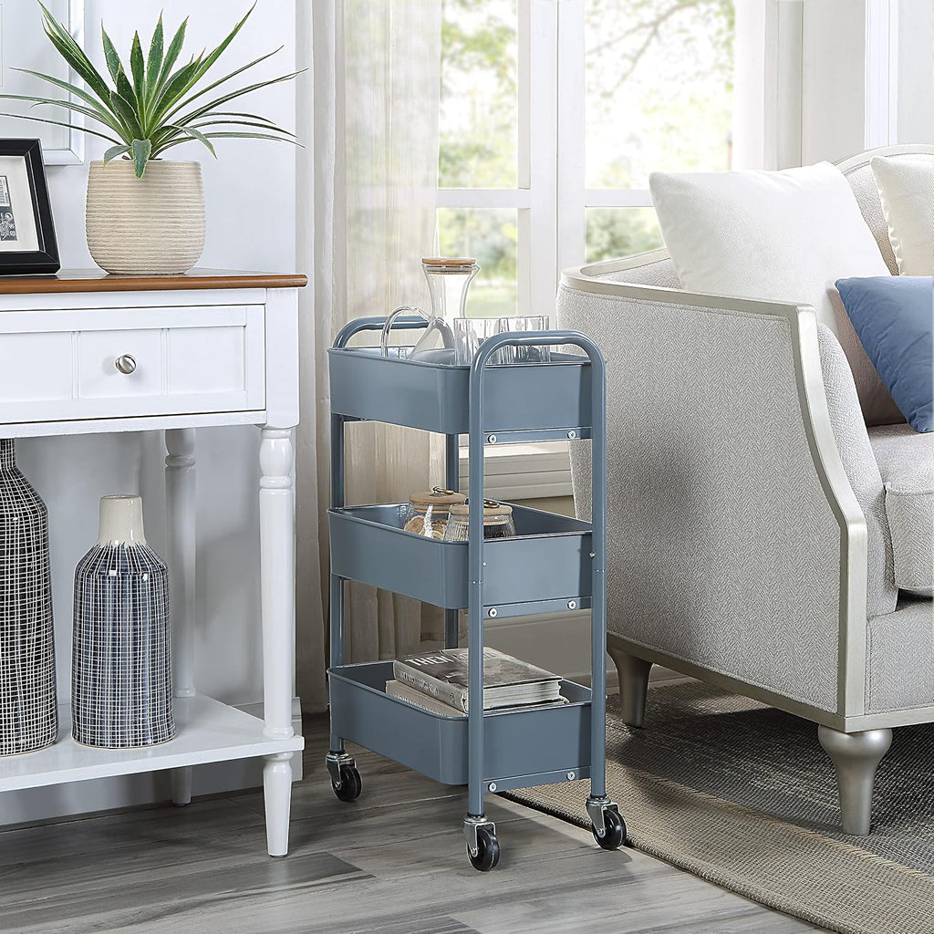 3-Tier Compact Rolling Metal Storage Cart Blue