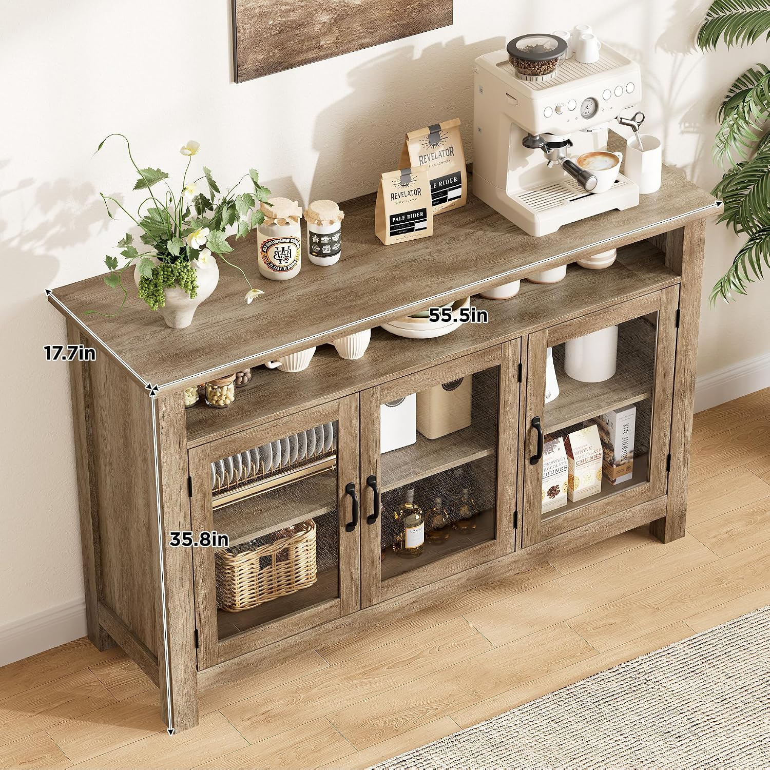 Farmhouse Oak Sideboard Glass Door Open Shelves