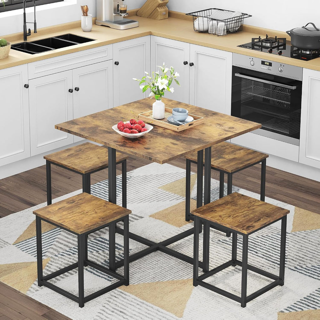 Rustic Brown Dining Table Stools Space Saving Set 4