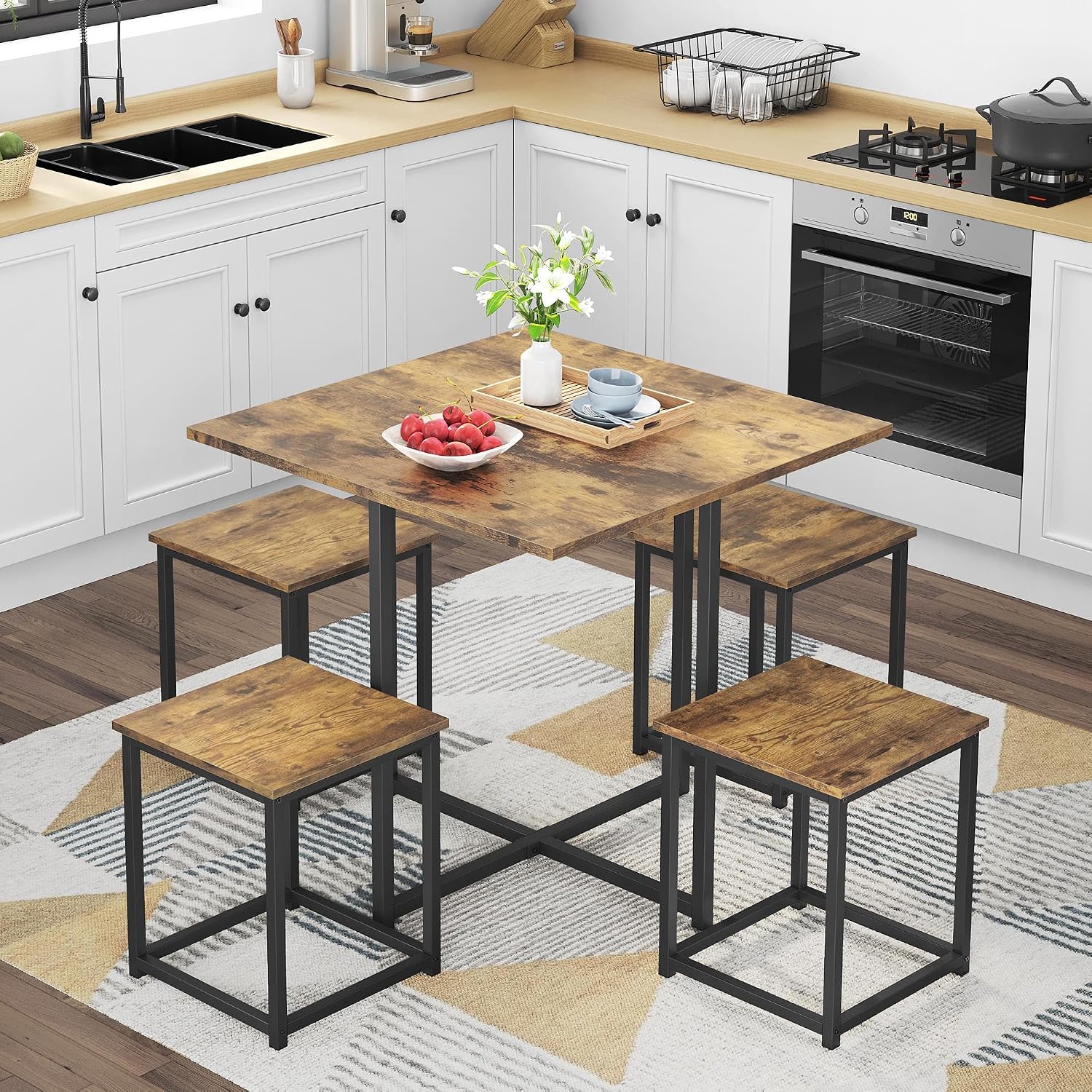 Rustic Brown Dining Table Stools Space Saving Set 4