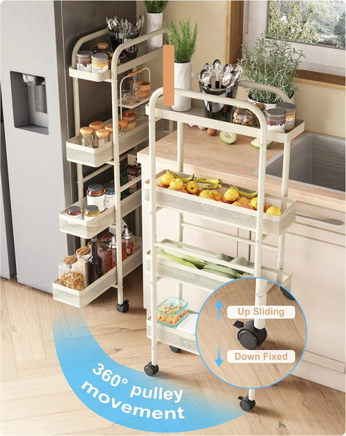 4-Tier Slim Rolling Cart with Pull Out Baskets White