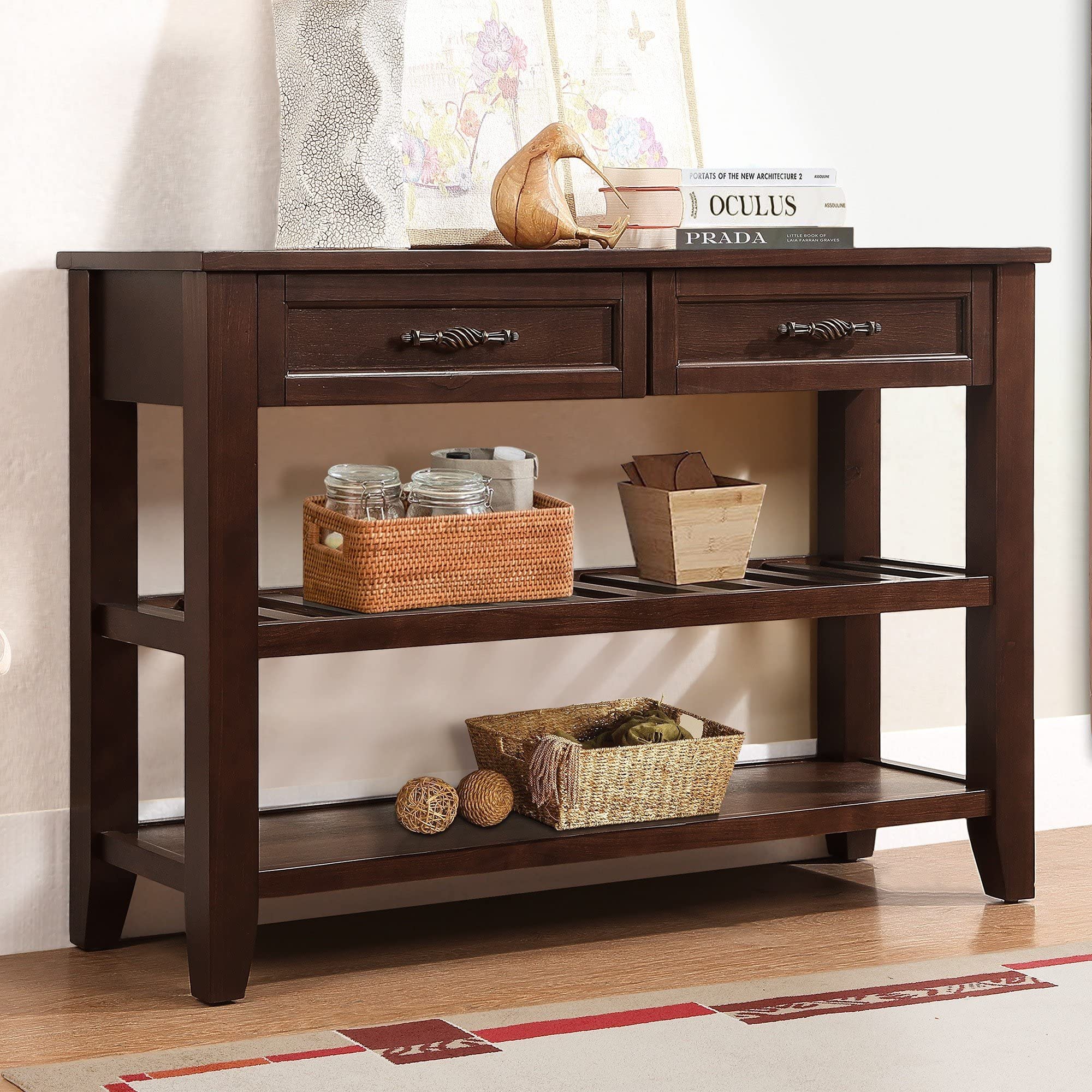 Entryway Console Table Drawers Lower Shelves Brown