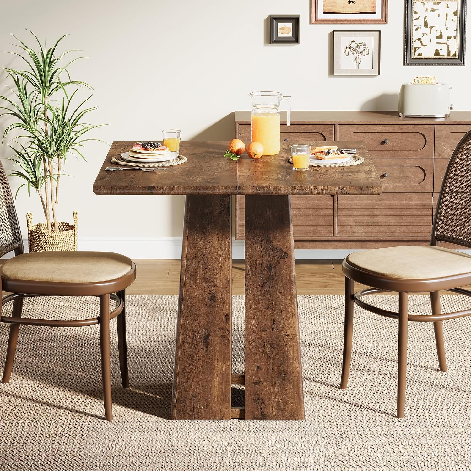 Rustic Brown Square Dining Table Pedestal Base Set 4