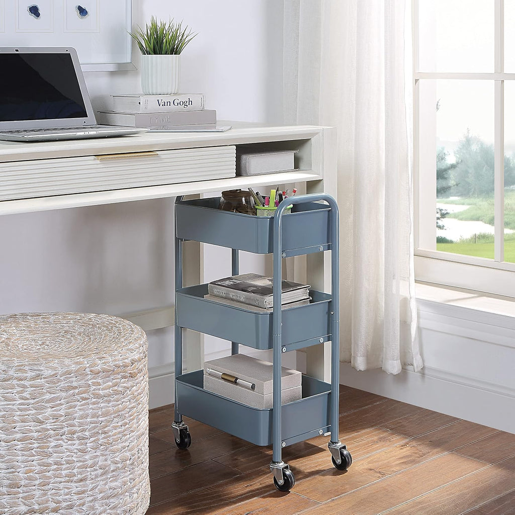 3-Tier Compact Rolling Metal Storage Cart Blue