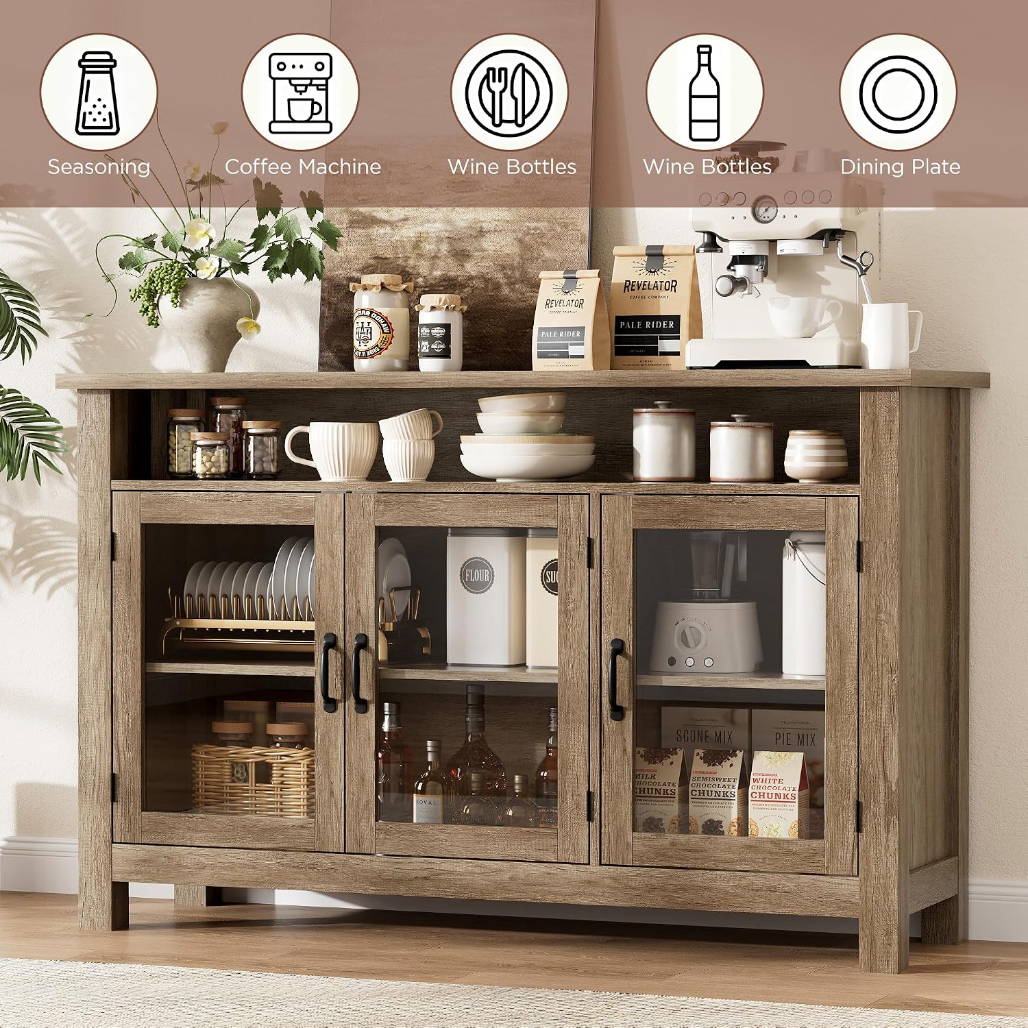Farmhouse Oak Sideboard Glass Door Open Shelves
