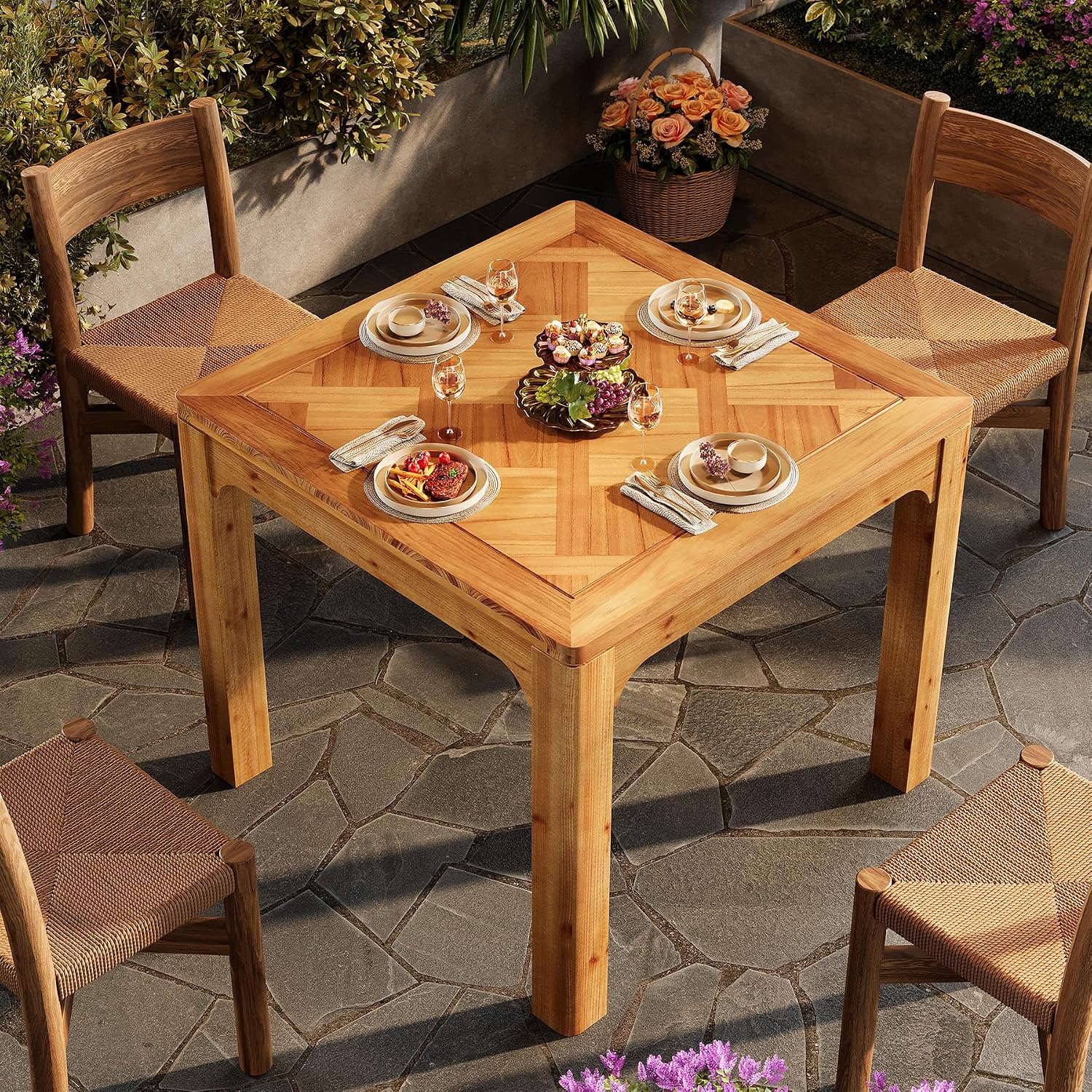 Brown Rustic Square Dining Table Textured Tabletop