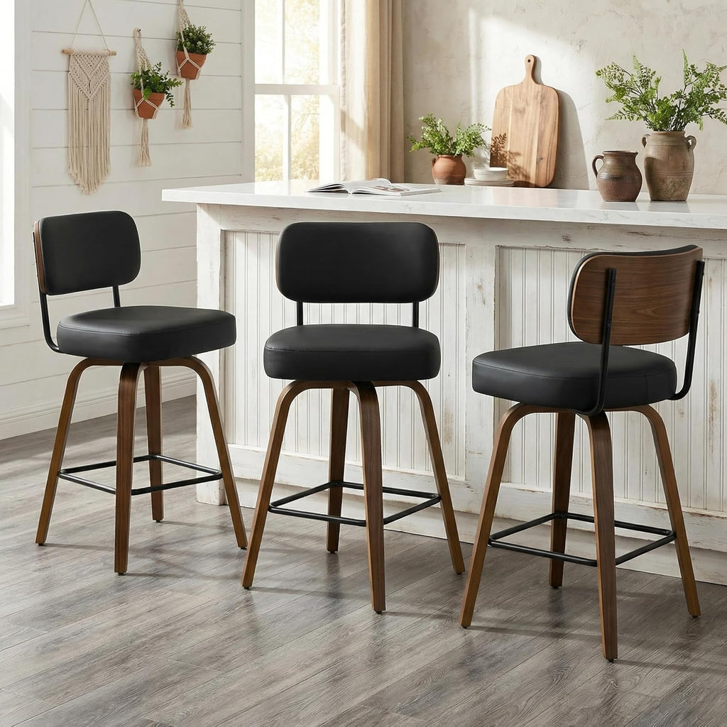 Black Swivel Bar Stools Walnut Legs Set of 3