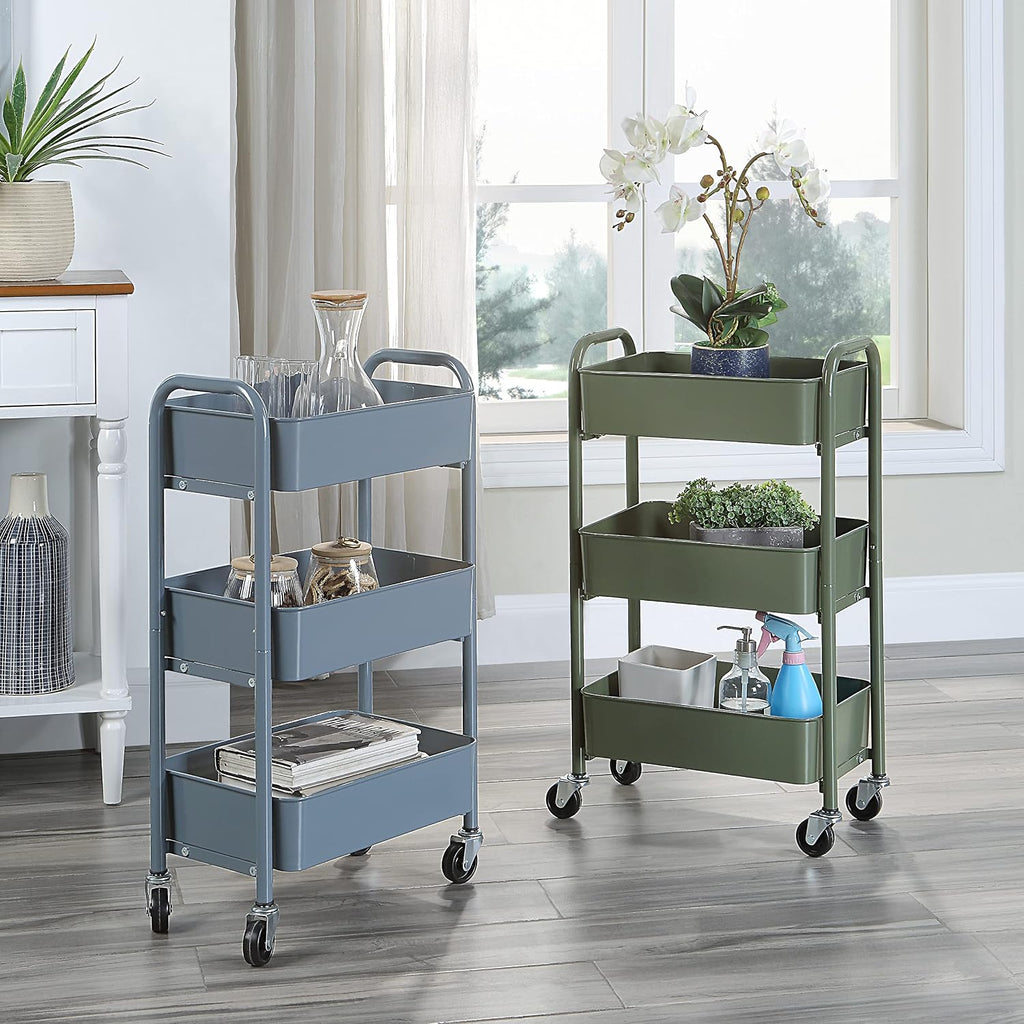 3-Tier Compact Rolling Metal Storage Cart Blue