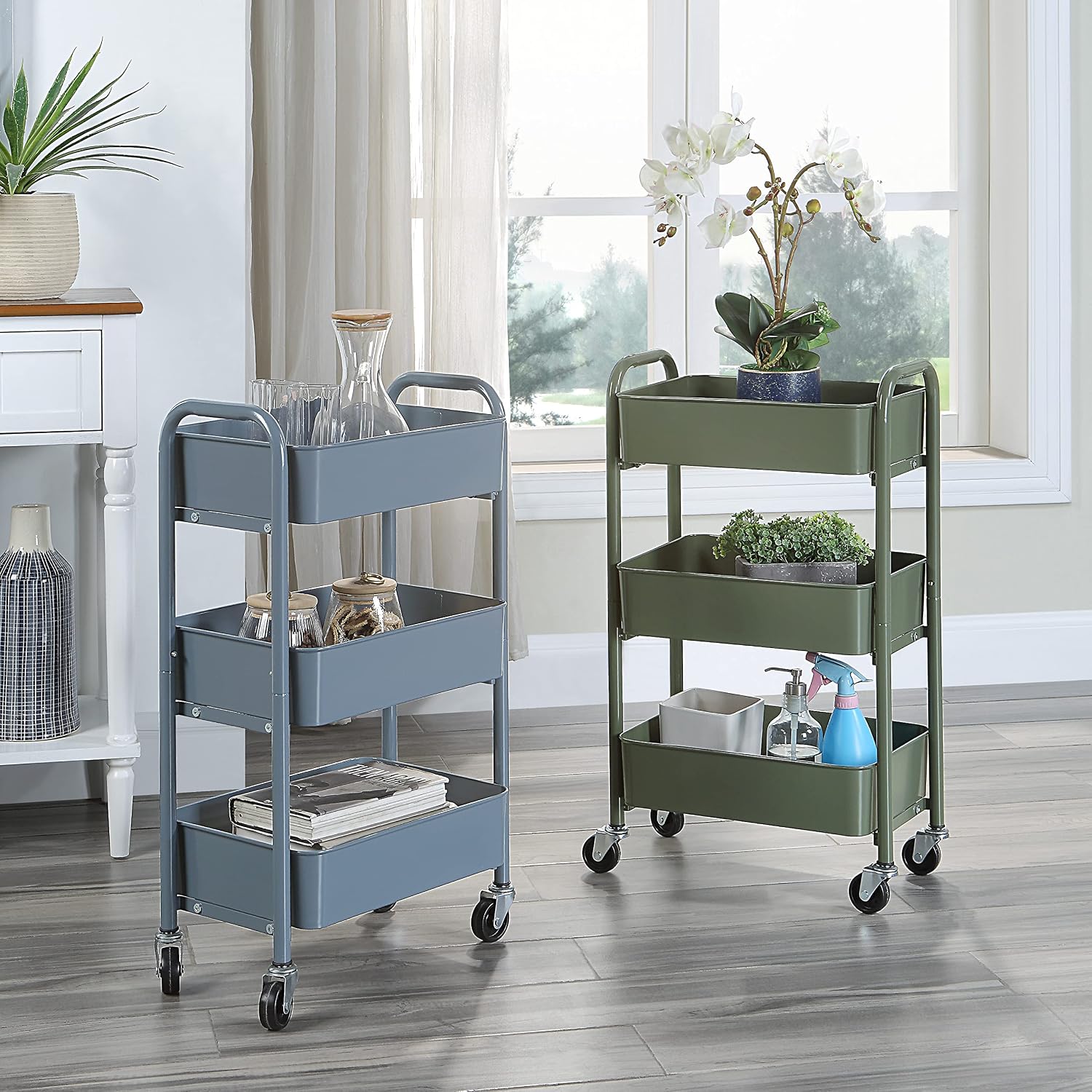 3-Tier Compact Rolling Metal Storage Cart Blue