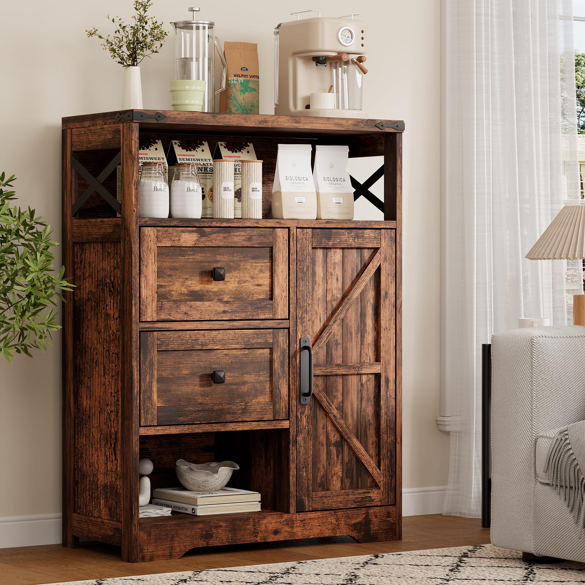 Farmhouse White Sideboard Drawers Open Storage Shelves