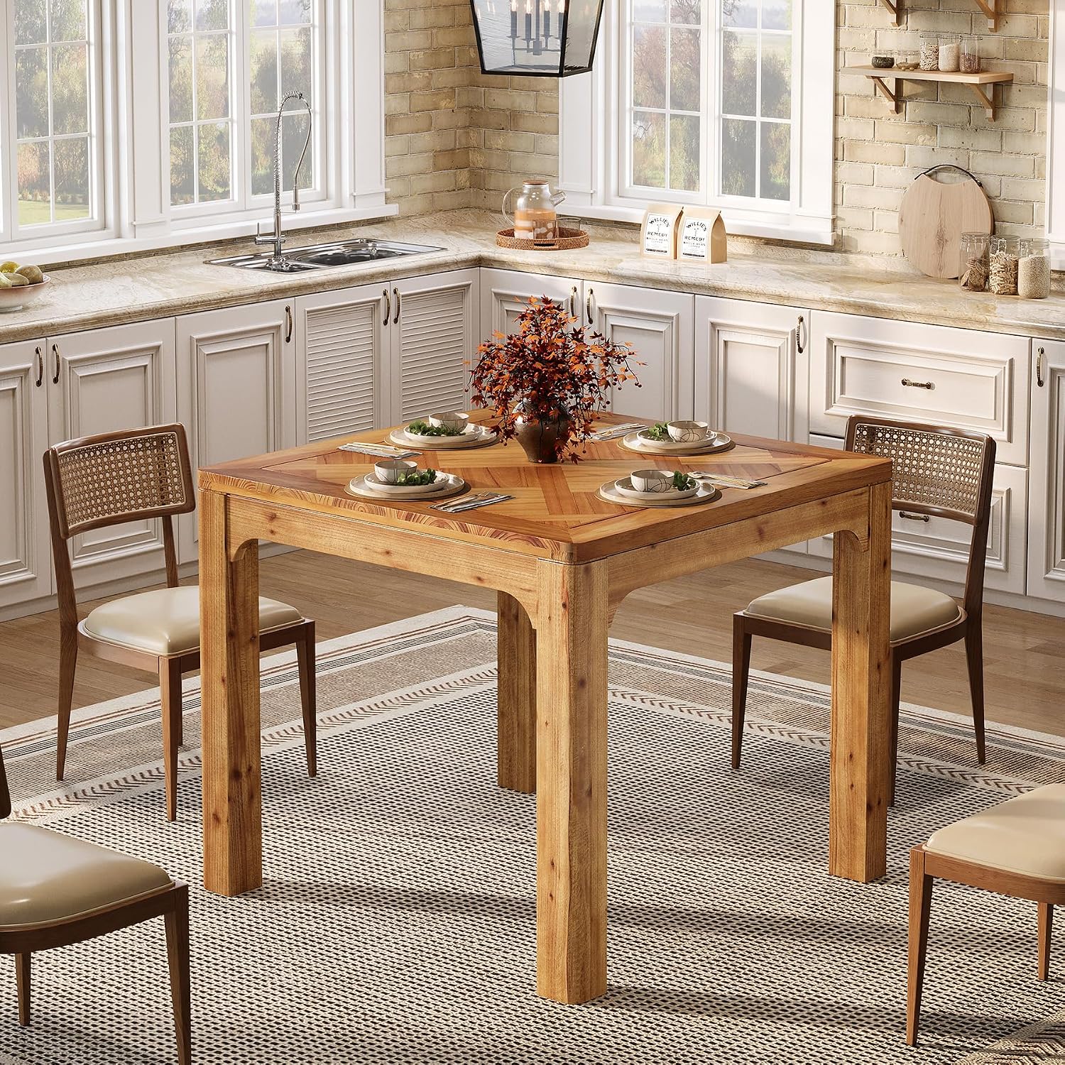 Brown Rustic Square Dining Table Textured Tabletop
