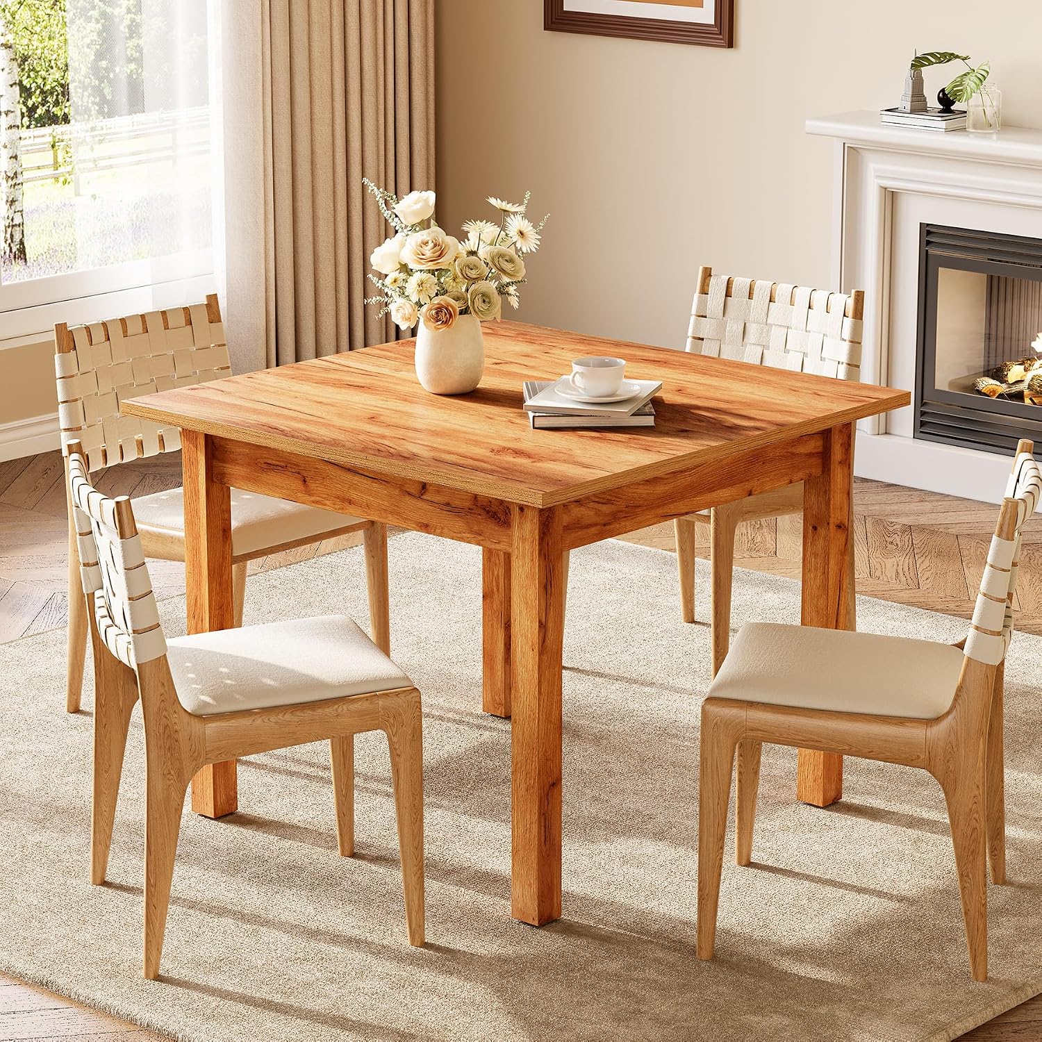 Oak Brown Square Dining Table Seats Four People