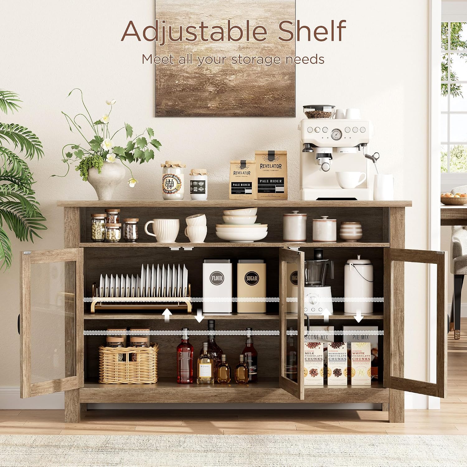 Farmhouse Oak Sideboard Glass Door Open Shelves