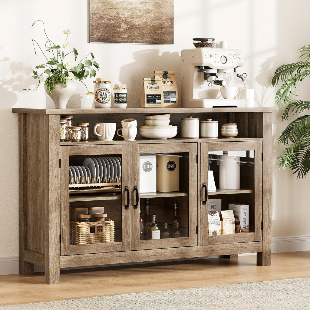 Farmhouse Oak Sideboard Glass Door Open Shelves