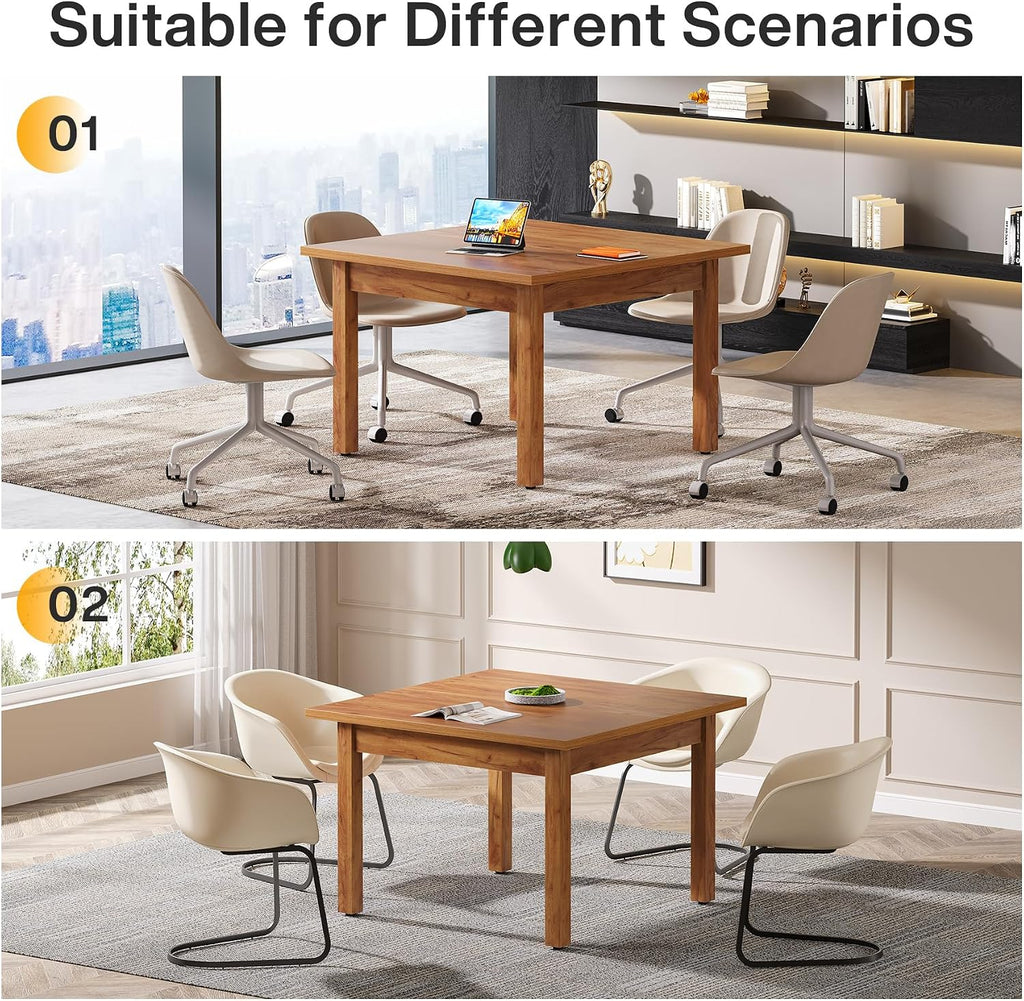 Oak Brown Square Conference Table Wood Legs Seats 4
