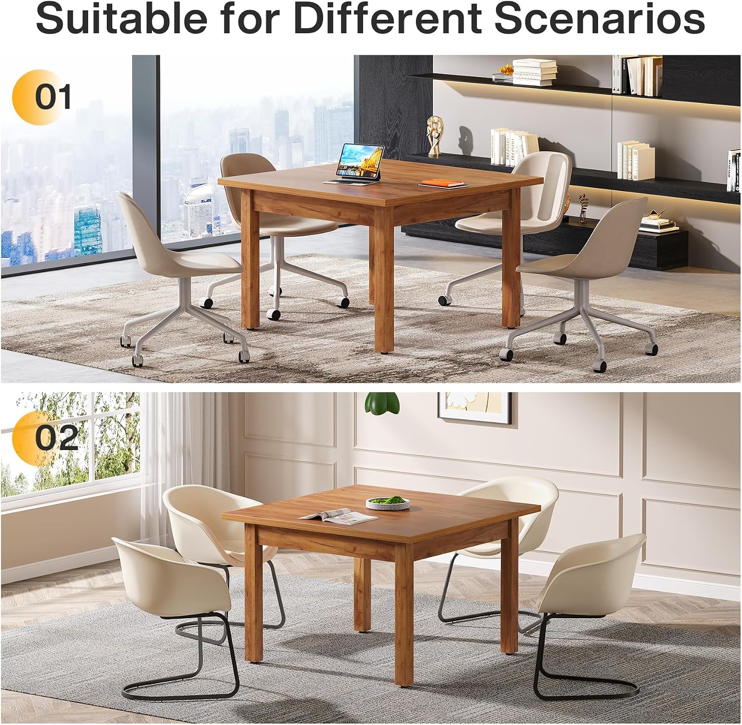Oak Brown Square Conference Table Wood Legs Seats 4