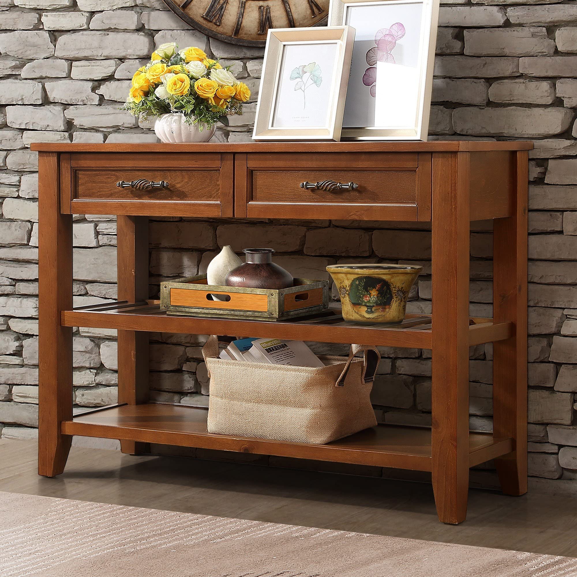 Entryway Console Table Drawers Lower Shelves Brown